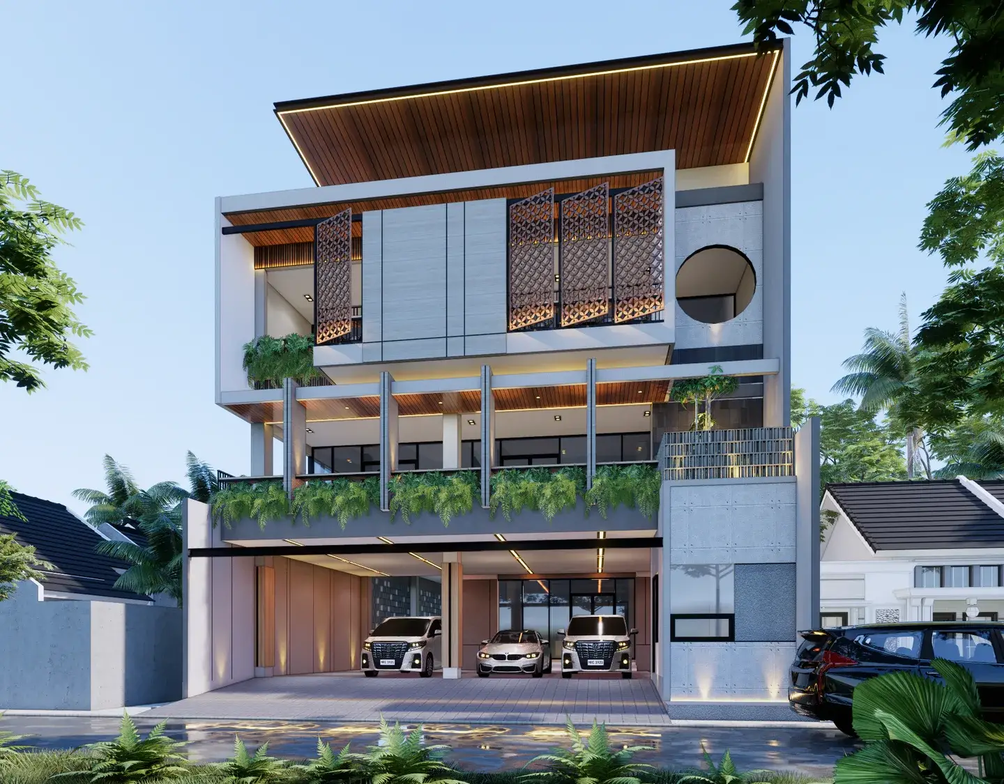 Rancangan rumah kontemporer tiga lantai karya SkalaRupa Arsitek
