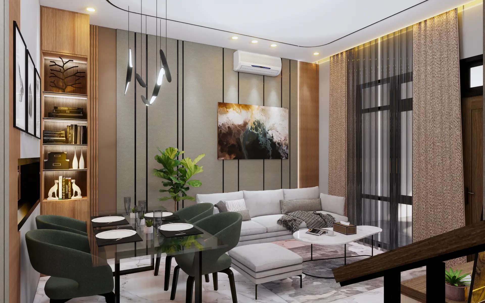 Interior ruang keluarga dan ruang makan dengan material kayu