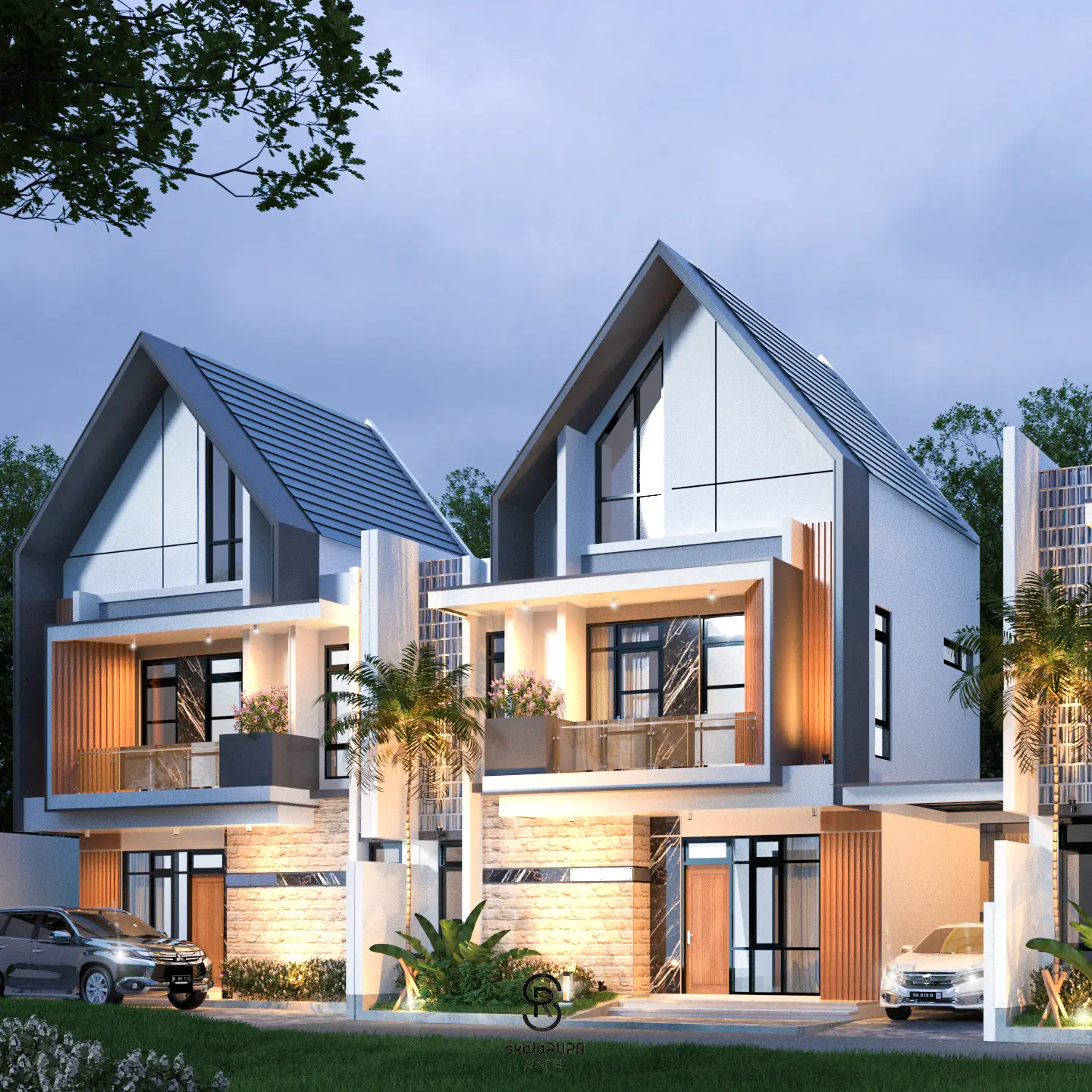 Rumah tinggal tiga lantai dengan atap pelana dan pencahayaan hangat