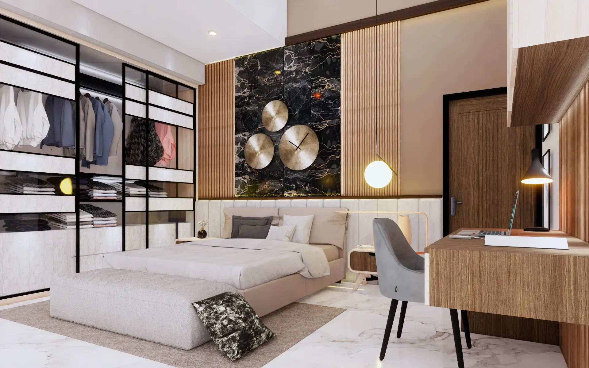 Interior kamar tidur modern dengan meja kerja, lemari, dan aksen marmer