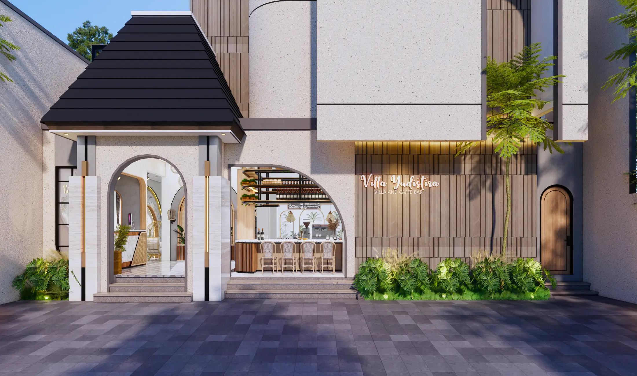 Detail pintu masuk villa dengan bidang lengkung dan kisi kayu