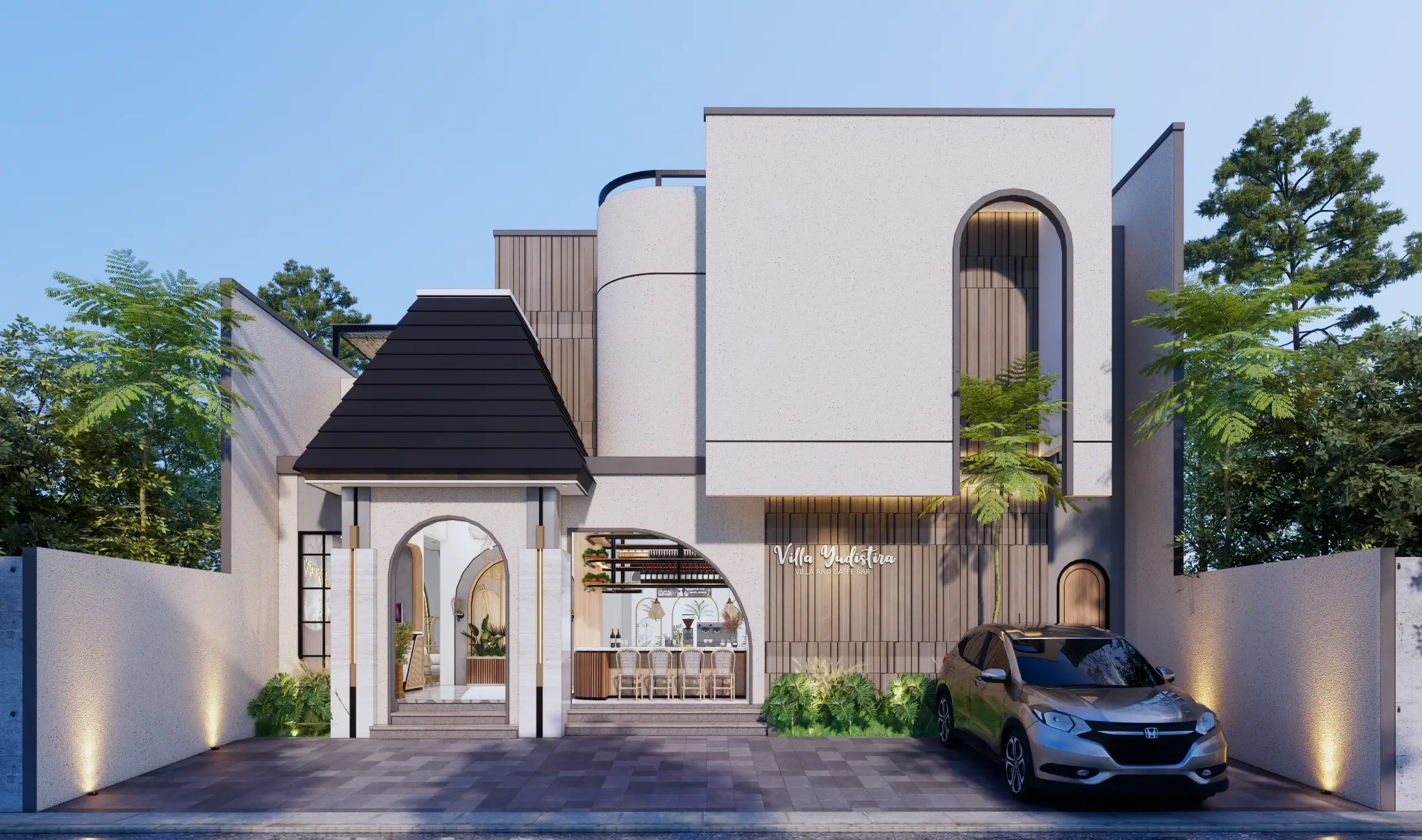 Tampak depan villa kontemporer pada suasana senja