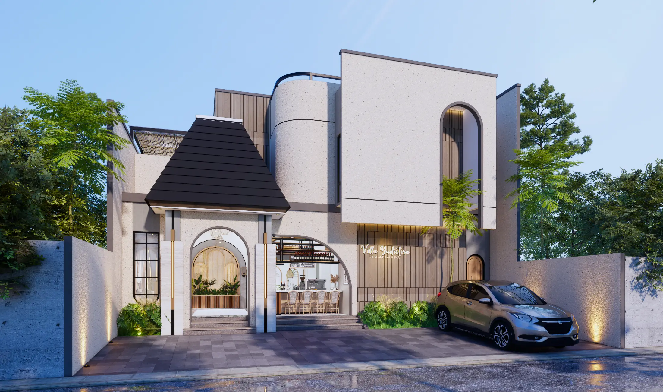 Perspektif lebar fasad villa dan area parkir depan