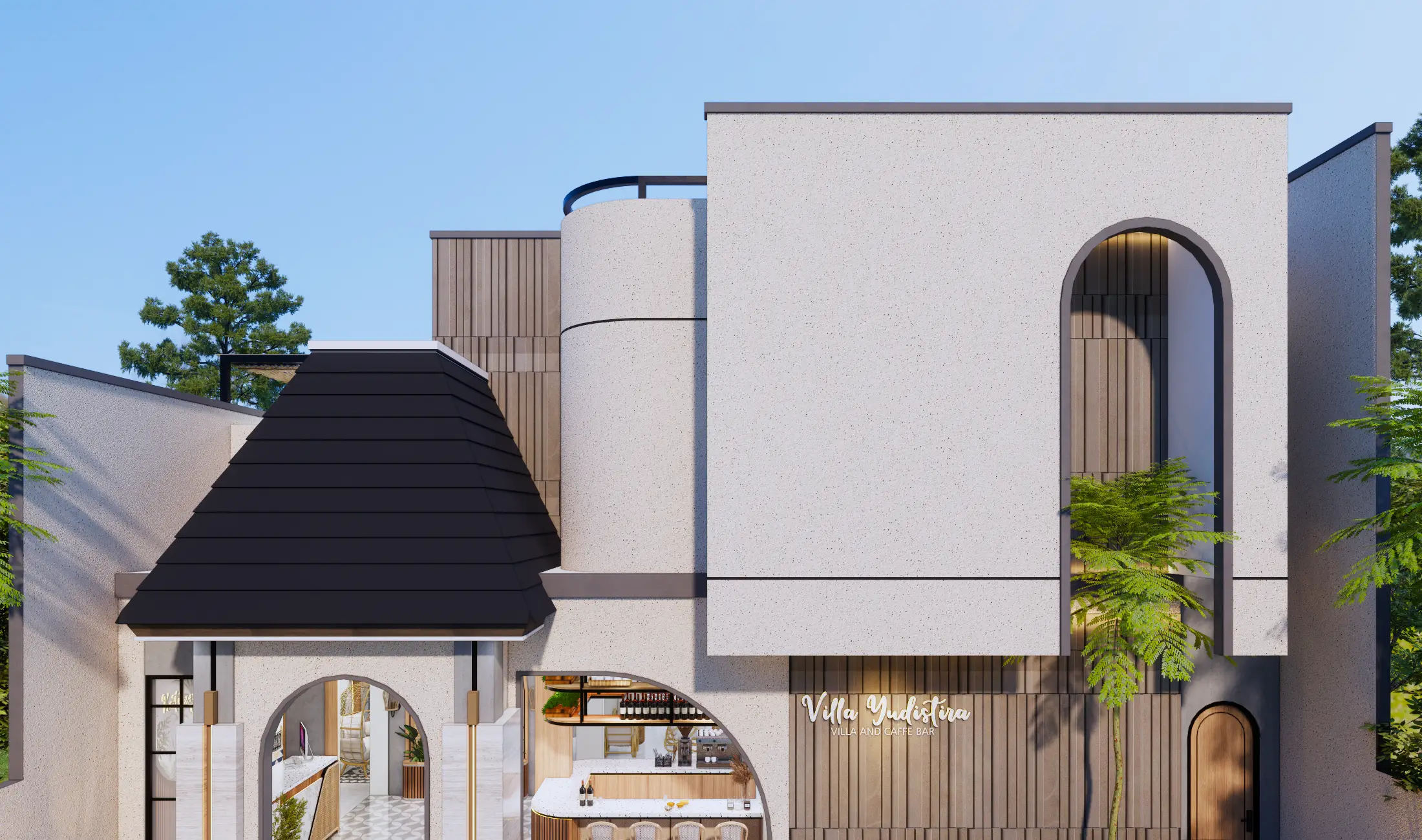 Detail lantai atas villa dengan jendela lengkung dan tanaman gantung
