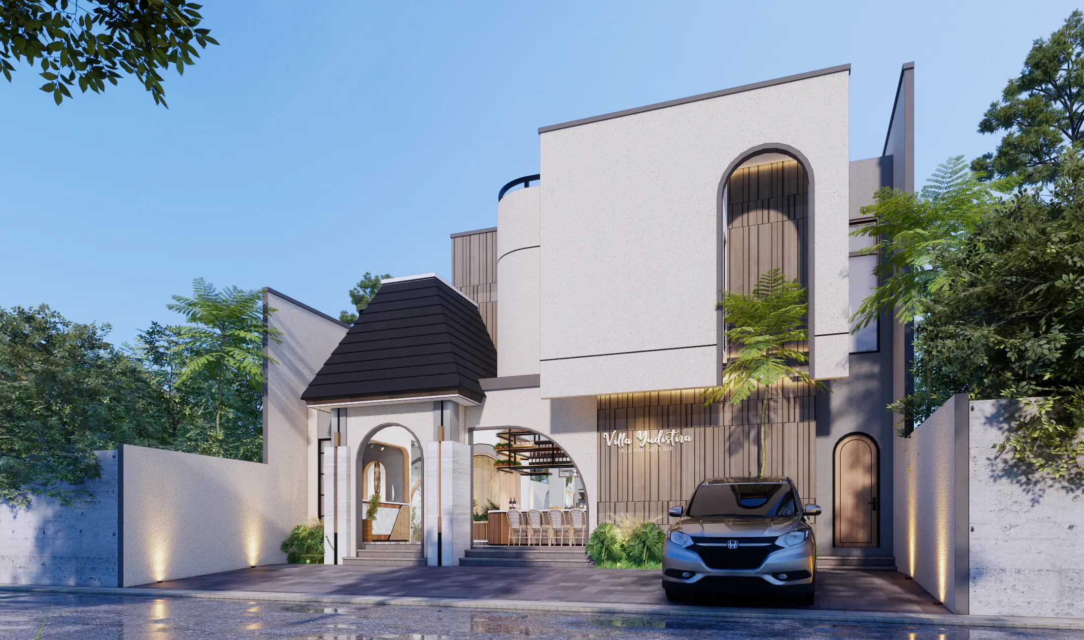Fasad villa putih dengan pencahayaan eksterior pada malam hari