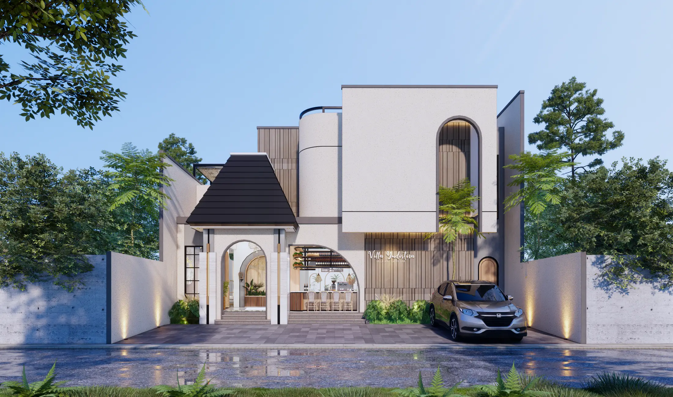 Fasad villa kontemporer berwarna putih dengan atap gelap dan halaman depan